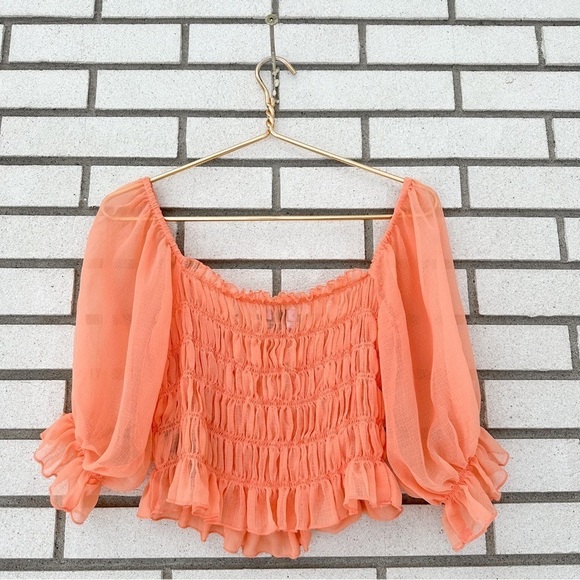Urban Outfitters Sierra Smocked Sheer Puff Sleeve Crop Top M Peach Cottagecore - Picture 9 of 13